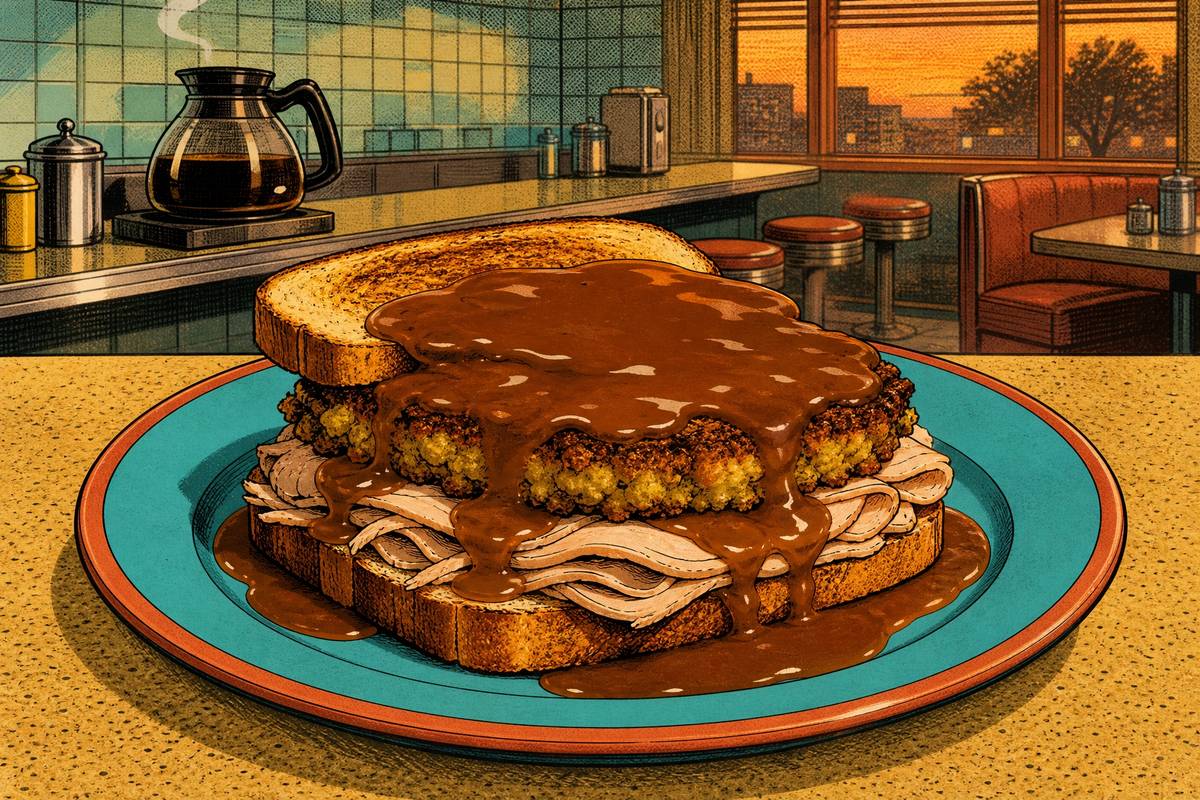 The Griddled Stuffing Patty Hot Turkey Sandwich
