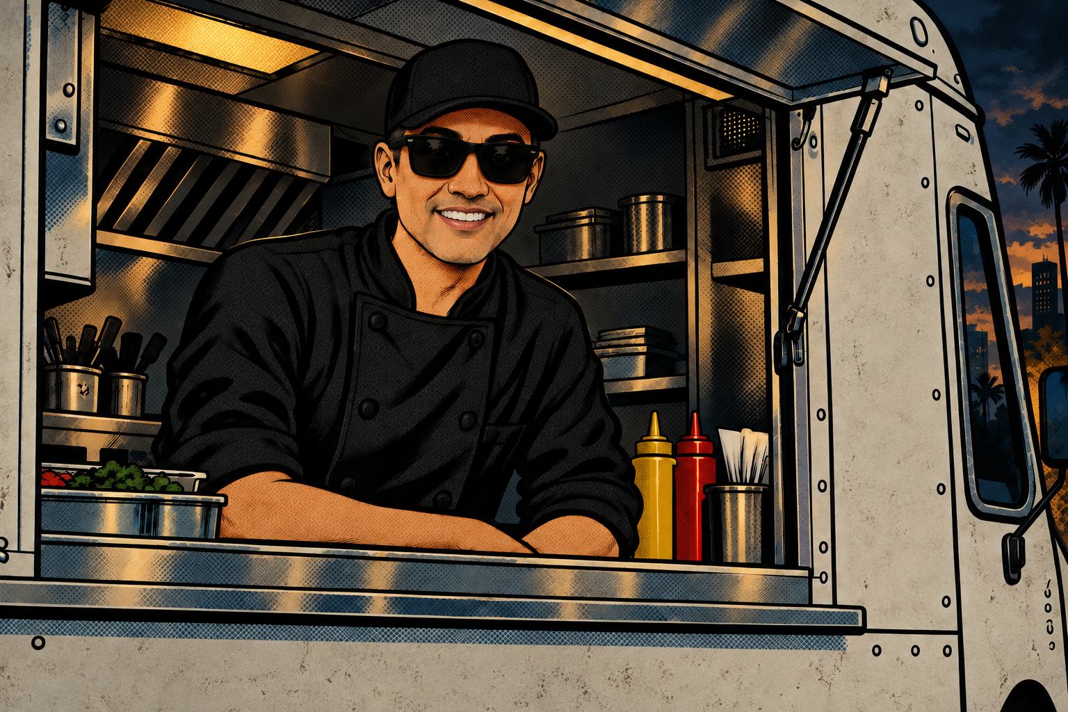 Comic-Zeichnung von Johnny mit schwarzer Cap, Sonnenbrille und schwarzer Kochjacke, lächelnd an der Durchreiche seines Food Trucks